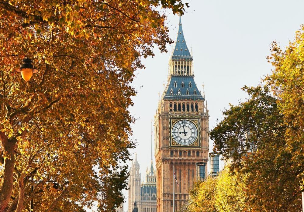 Palace of Westminster and Big Ben in sunny autumn day, London, The United Kingdom of Great Britain and Northern Ireland